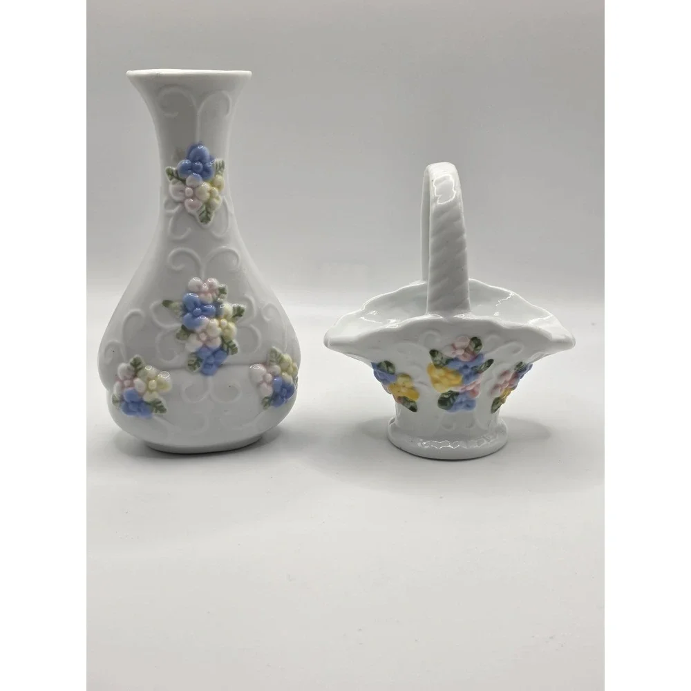 vintage porcelain basket And Vase With Beautiful Blue Pink Yellow Flowers